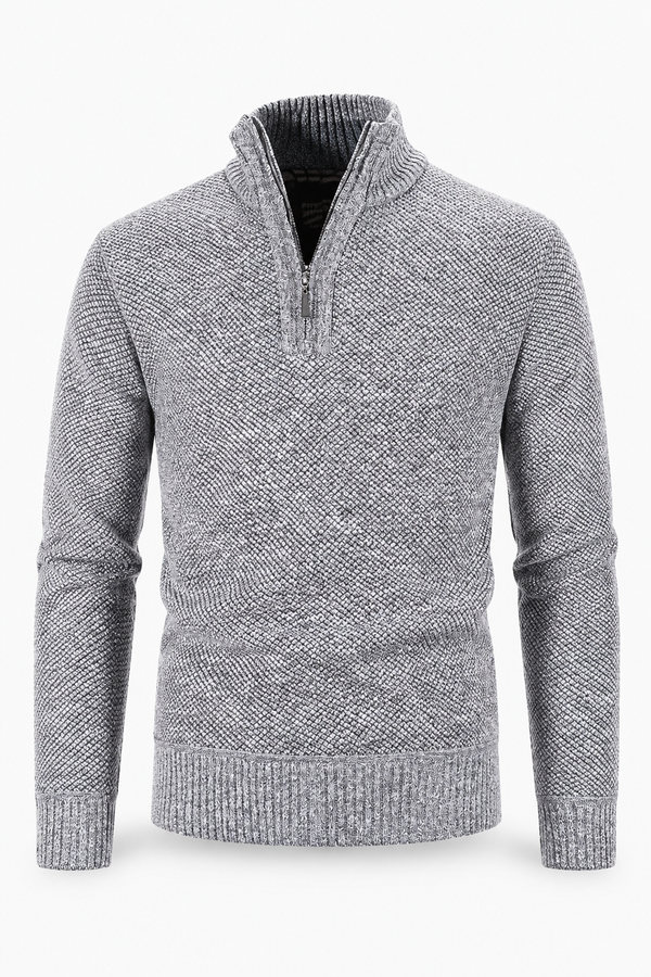 Hellgrauer Herren-Strukturpullover mit Half-Zip
