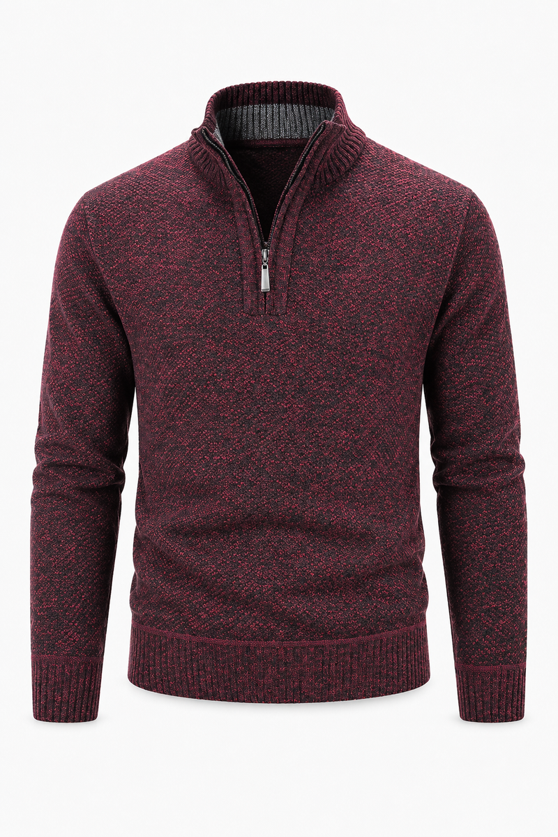 Herren Pullover mit Half-Zip in Strukturstrick – Weinrot