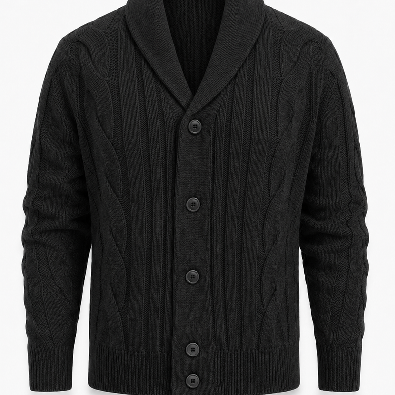 Herren Strickjacke mit Schalkragen und Zopfmuster aus Polyester