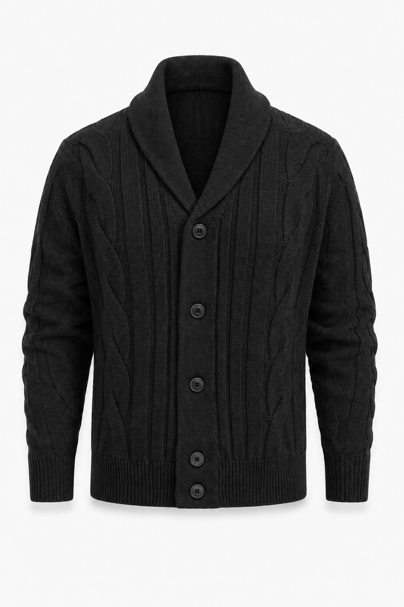 Herren Strickjacke mit Schalkragen und Zopfmuster – Schwarz