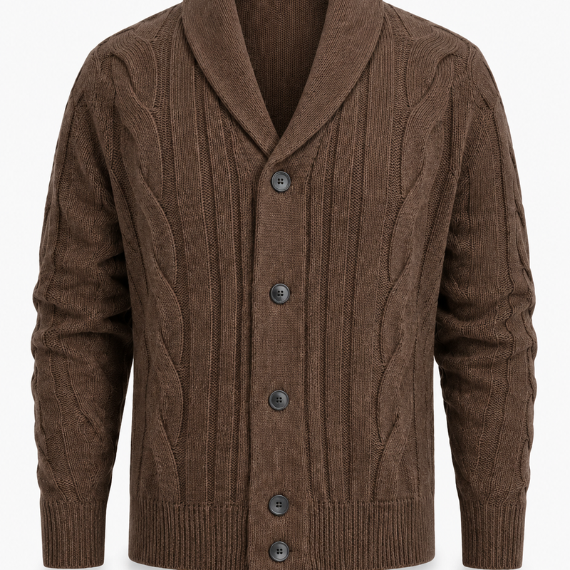 Herren Strickjacke Braun mit Zopfmuster und Schalkragen – Warm & Klassisch