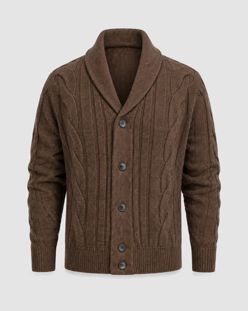 Heren vest met sjaalkraag en kabelpatroon – bruin