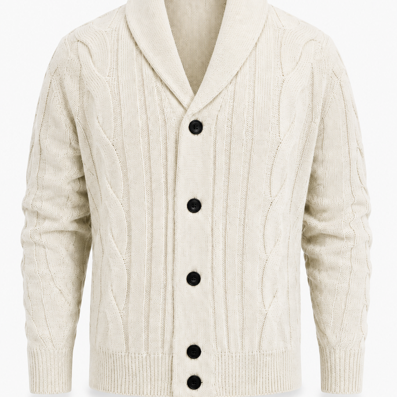 Herren Strickjacke Creme mit Zopfmuster und Schalkragen