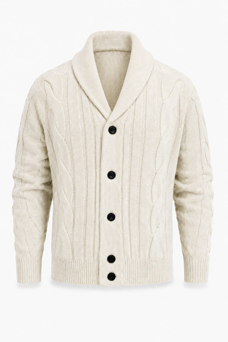 Herren Strickjacke mit Schalkragen und Zopfmuster – Creme