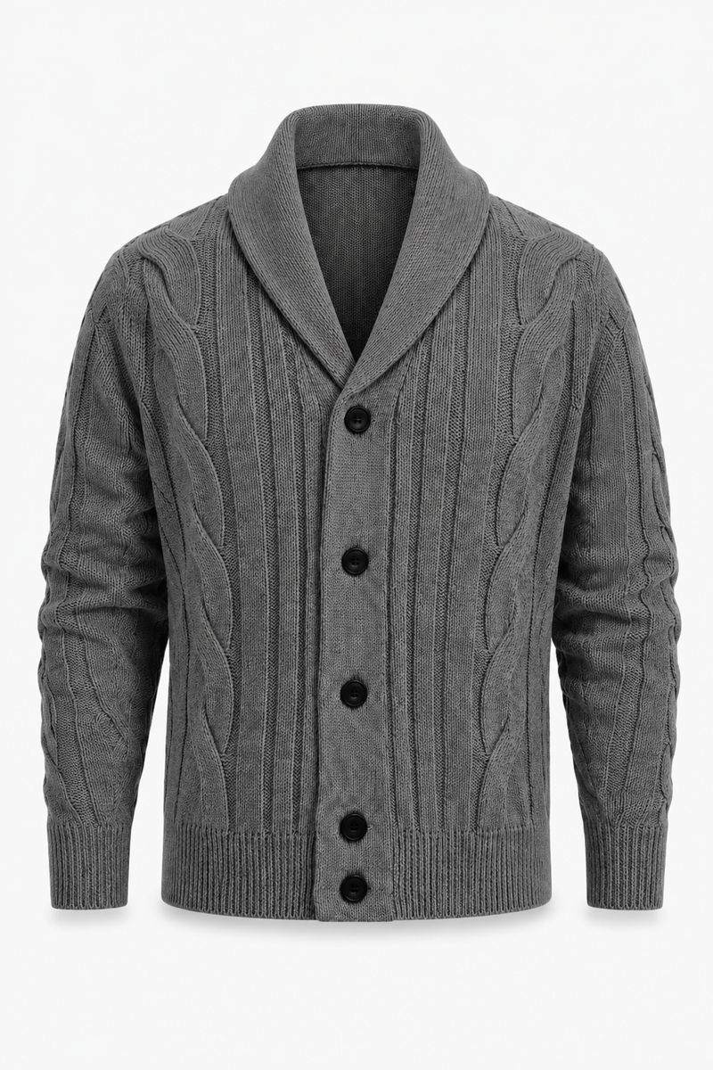 Herren Strickjacke mit Schalkragen und Zopfmuster – Grau