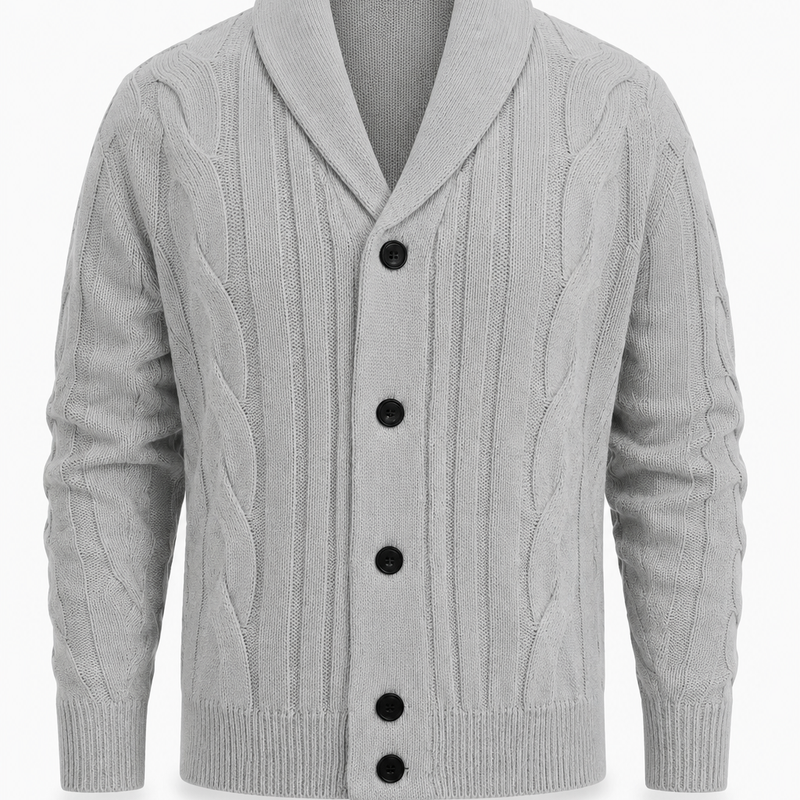 Herren Strickjacke Hellgrau mit Zopfmuster und Schalkragen