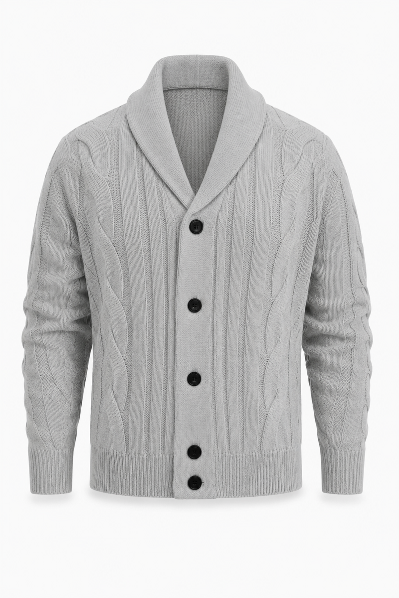 Herren Strickjacke mit Schalkragen und Zopfmuster – Hellgrau