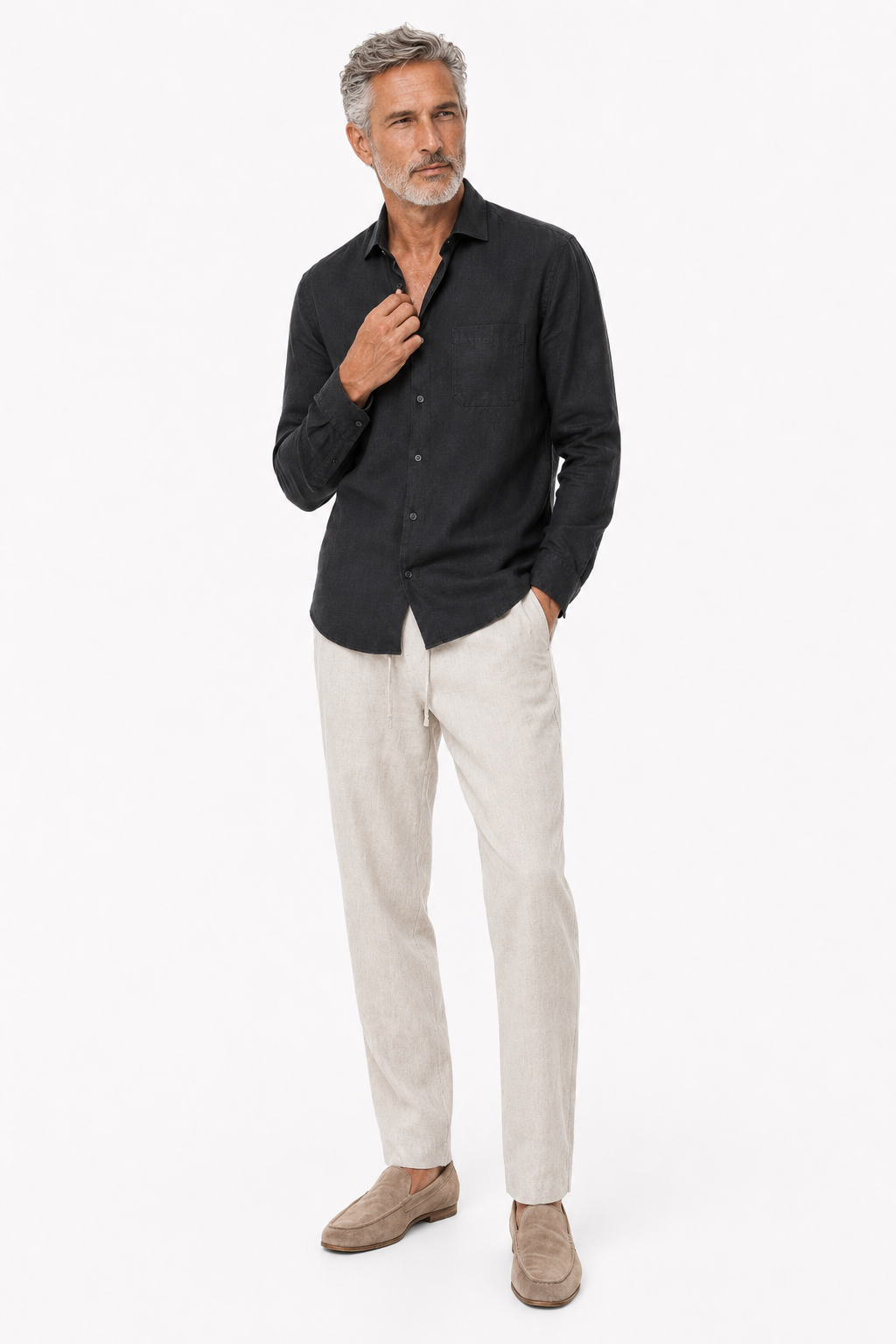Männer Leinen-Set Langarm - Schwarz-Beige, leicht & atmungsaktiv