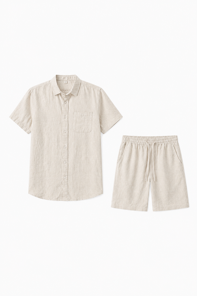 Herren Leinen-Sommerset Beige Kurzarm - Atmungsaktiver Zweiteiler