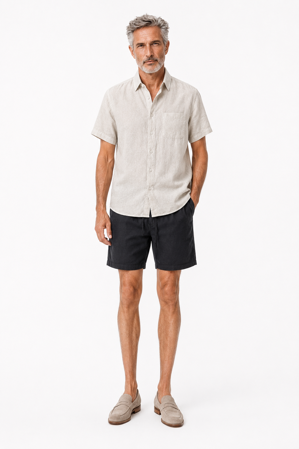 Männer Sommer Set Leinen Kurzarm - Beige-Schwarz, bequem