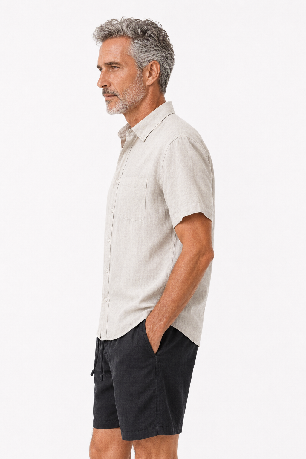 Männer Sommer Set Leinen Kurzarm - Beige-Schwarz, bequem