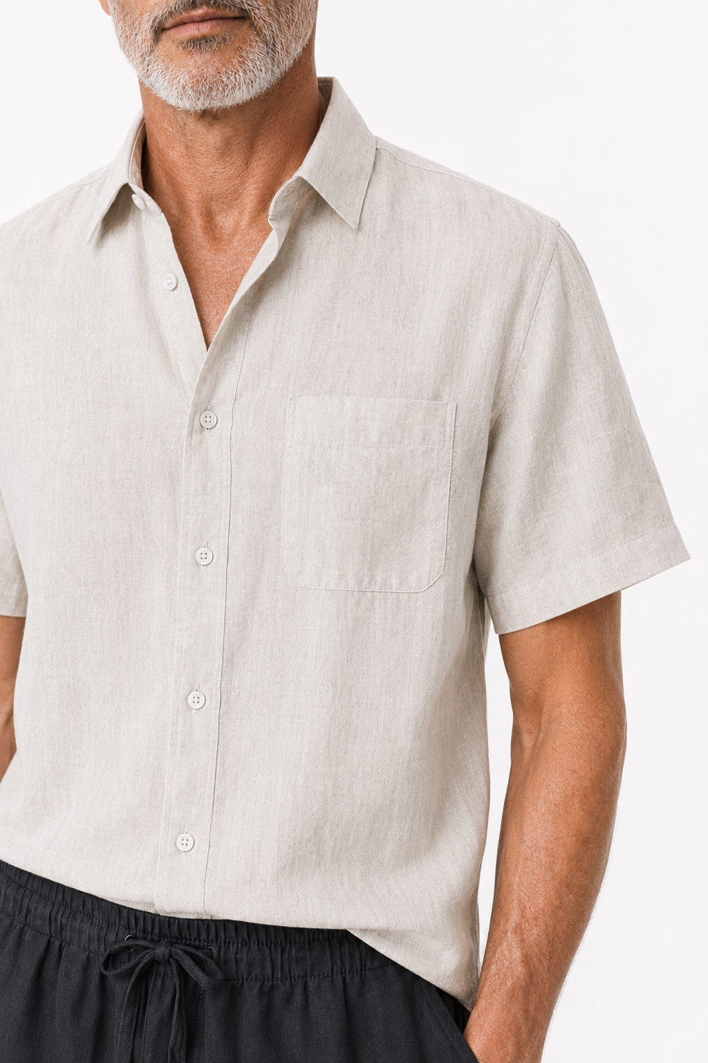 Männer Sommer Set Leinen Kurzarm - Beige-Schwarz, bequem