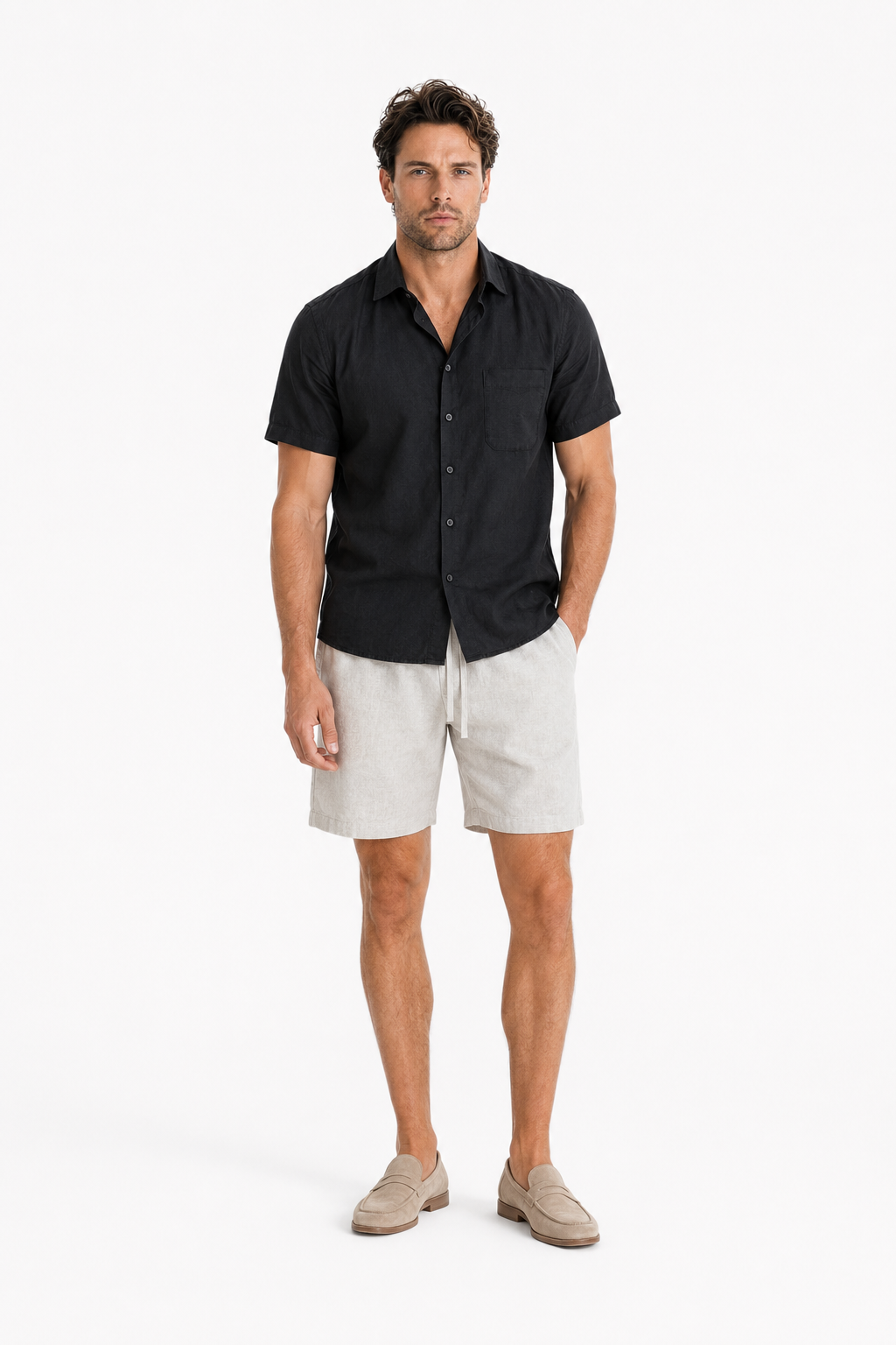 Leinen-Set Männer Kurzarm Schwarz-Beige - Luftig für den Sommer