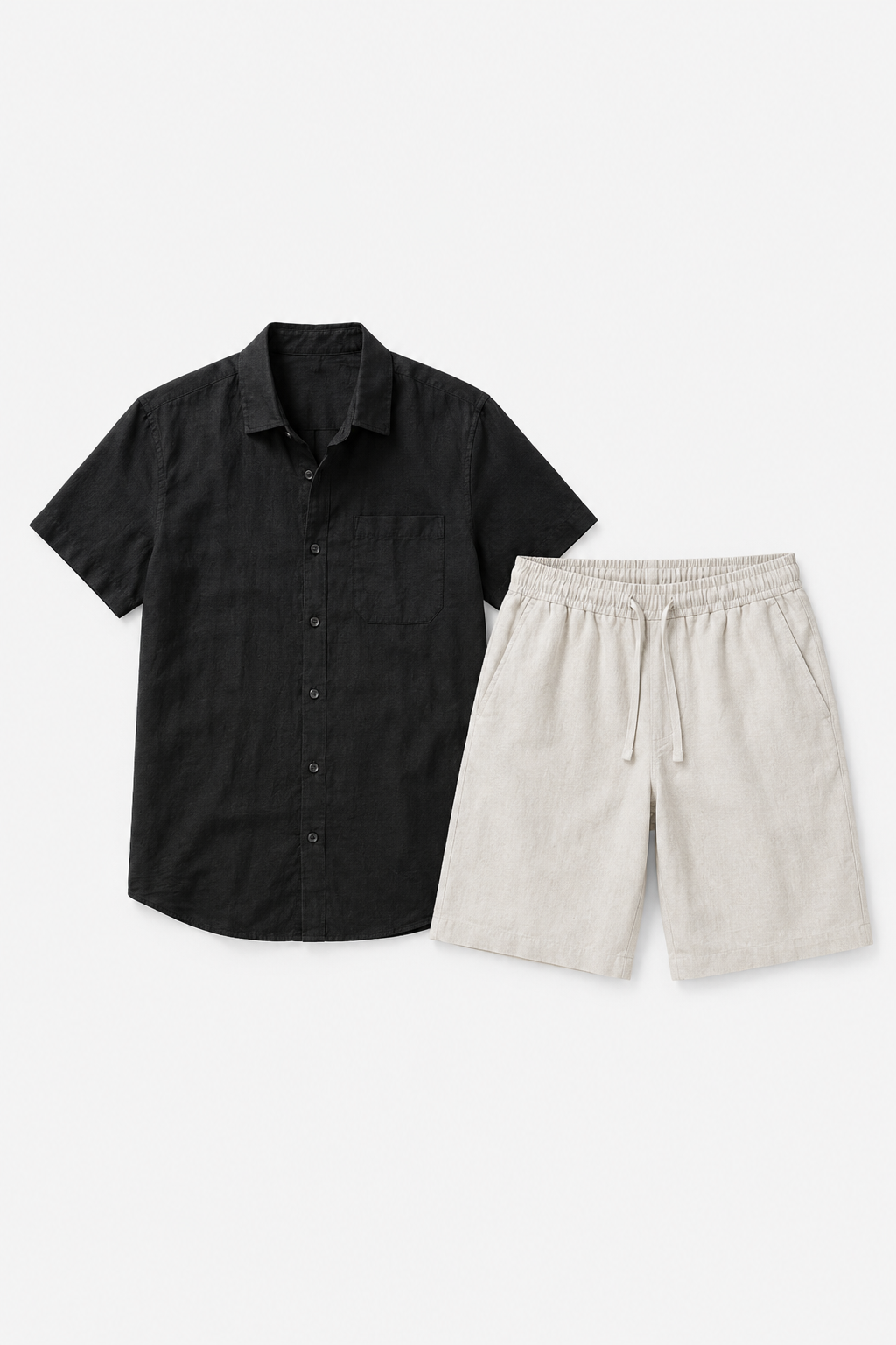 Leinen-Set Männer Kurzarm Schwarz-Beige - Luftig für den Sommer