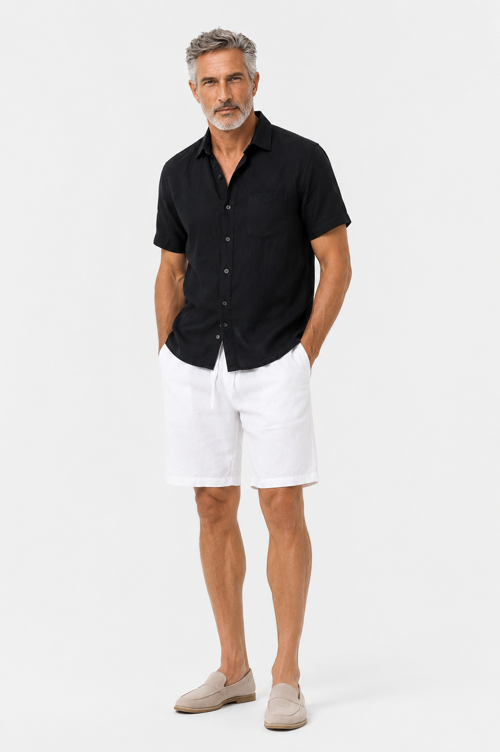 Leinen Sommer Kurzarm Set - Schwarz-Weiß, locker geschnitten