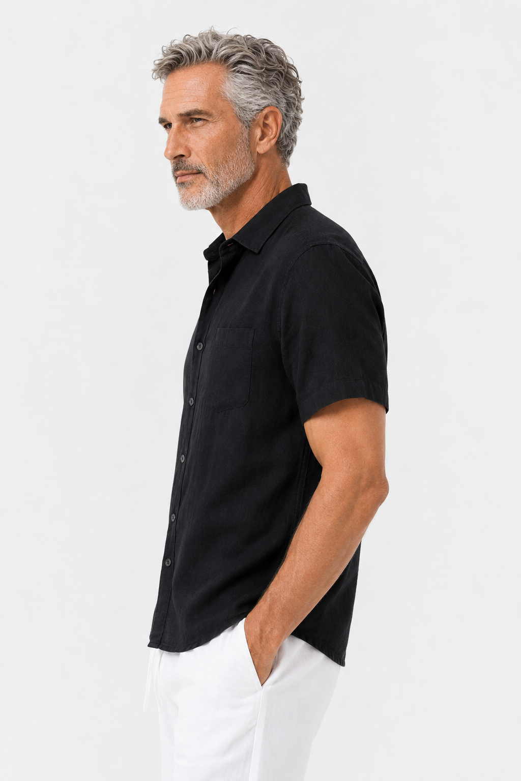 Leinen Sommer Kurzarm Set - Schwarz-Weiß, locker geschnitten