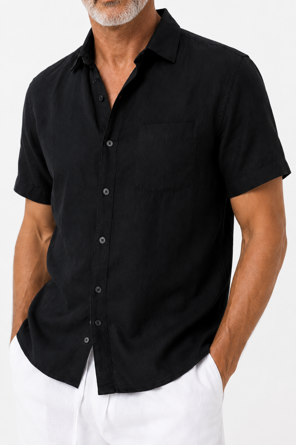 Leinen Sommer Kurzarm Set - Schwarz-Weiß, locker geschnitten