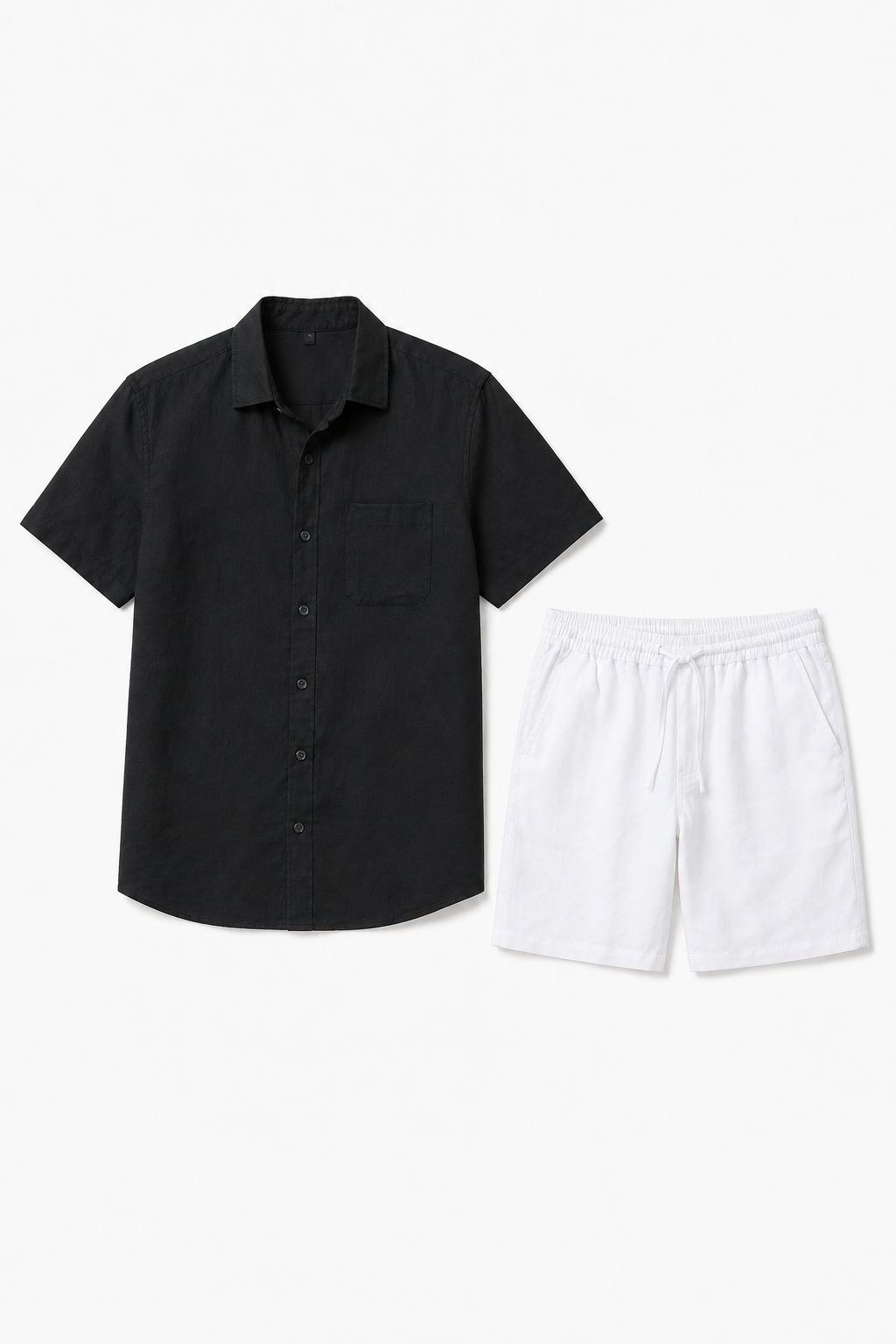 Leinen Sommer Kurzarm Set - Schwarz-Weiß, locker geschnitten