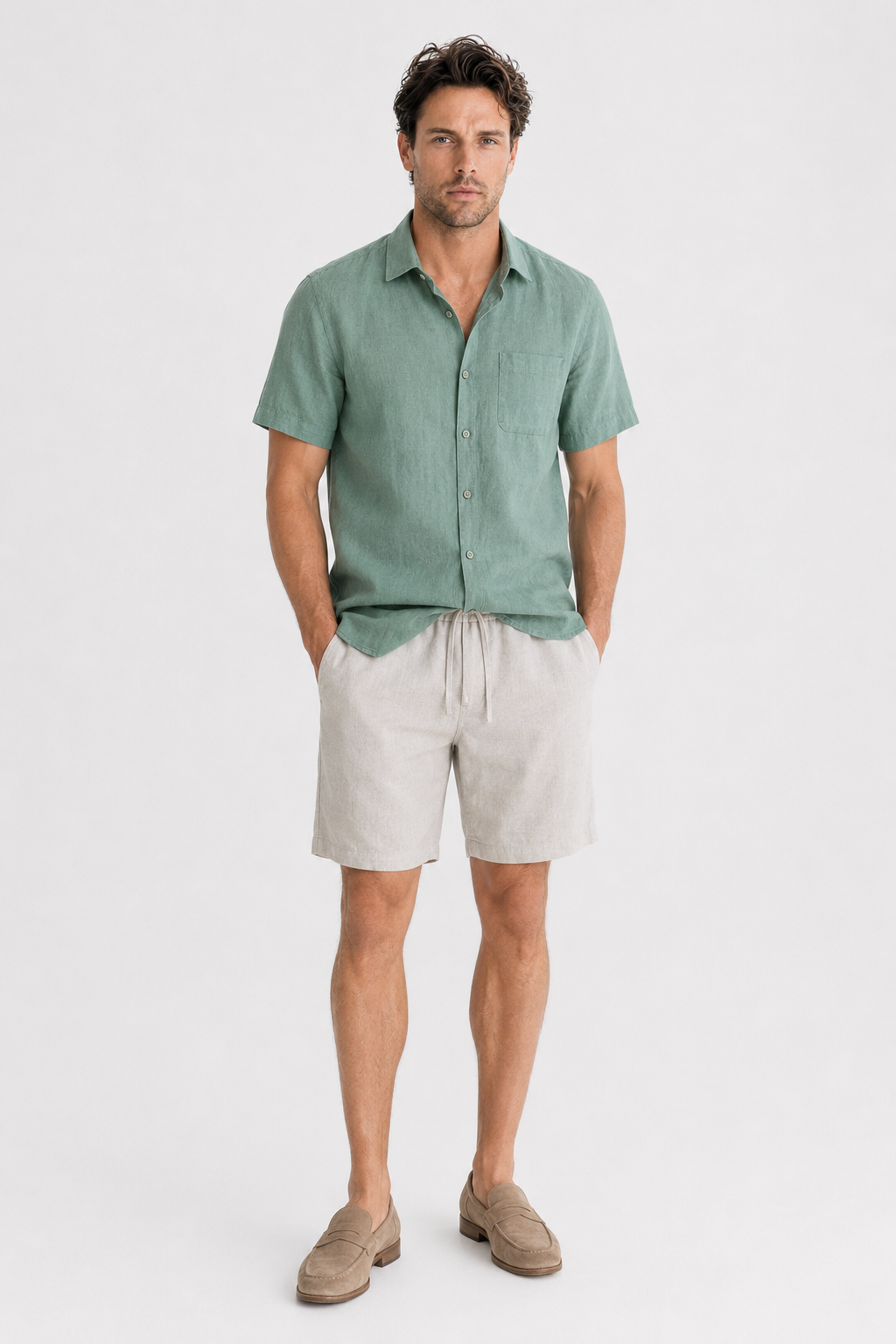 Kurzarm Leinen-Set für den Sommer - Grün-Beige, Leicht & Luftig