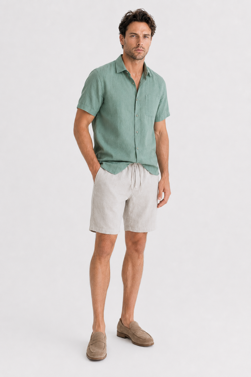 Kurzarm Leinen-Set für den Sommer - Grün-Beige, Leicht & Luftig