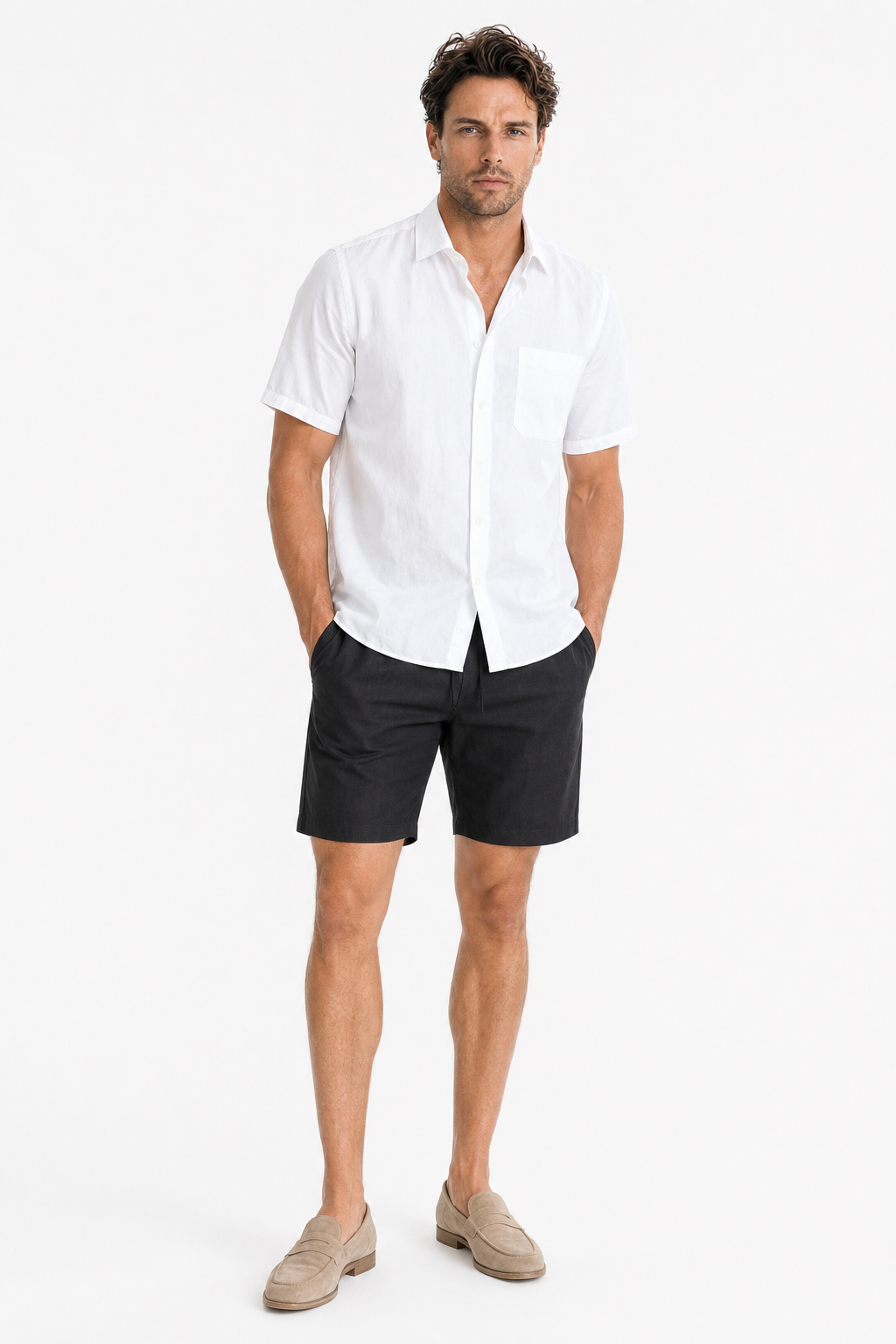 Leinen-Sommer-Set Kurzarm, Weiß-Schwarz, luftig & bequem