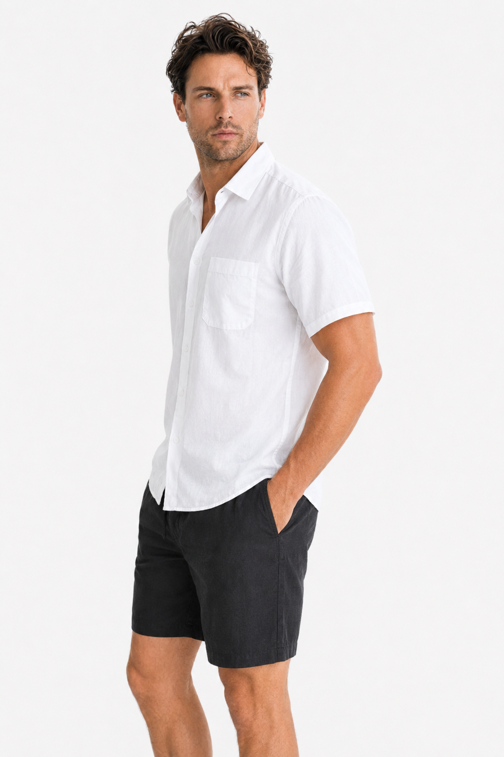 Leinen-Sommer-Set Kurzarm, Weiß-Schwarz, luftig & bequem