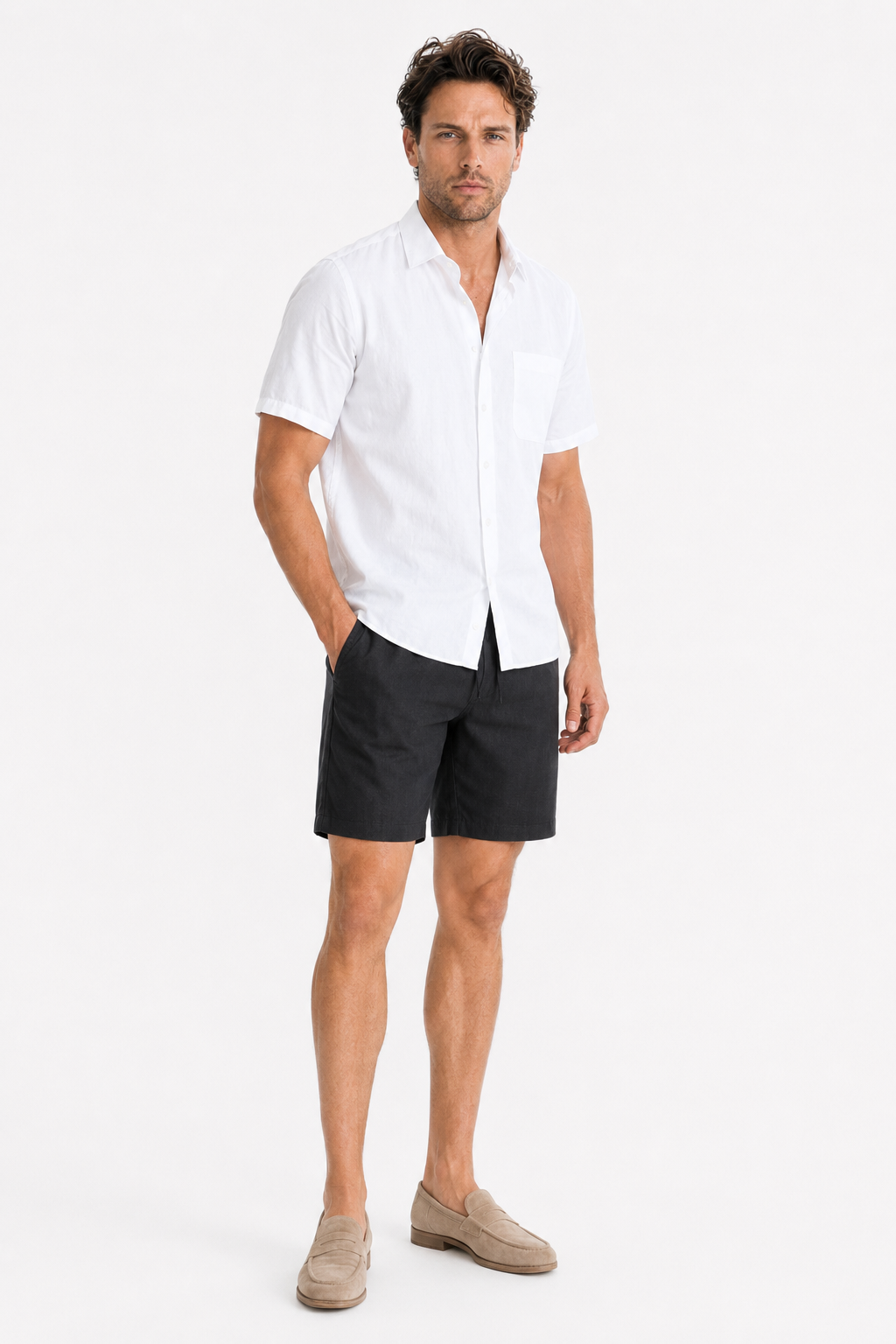 Leinen-Sommer-Set Kurzarm, Weiß-Schwarz, luftig & bequem