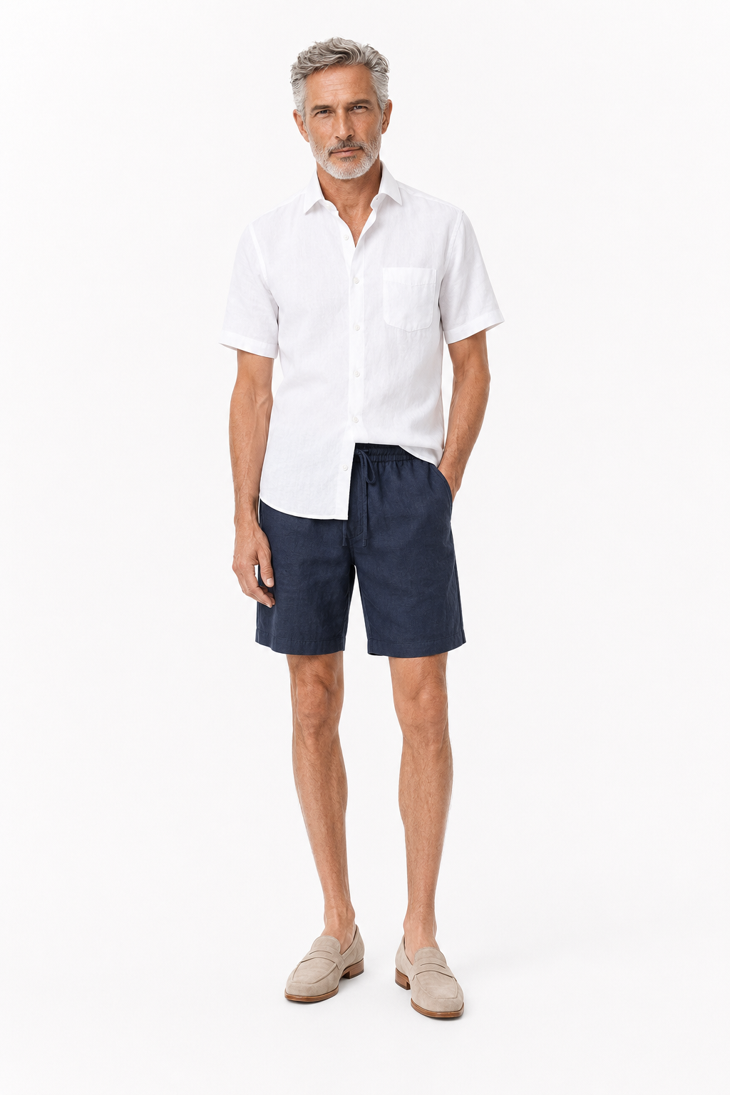 Männer Leinen-Set kurzärmlig - Sommer-Outfit Weiß-Navy