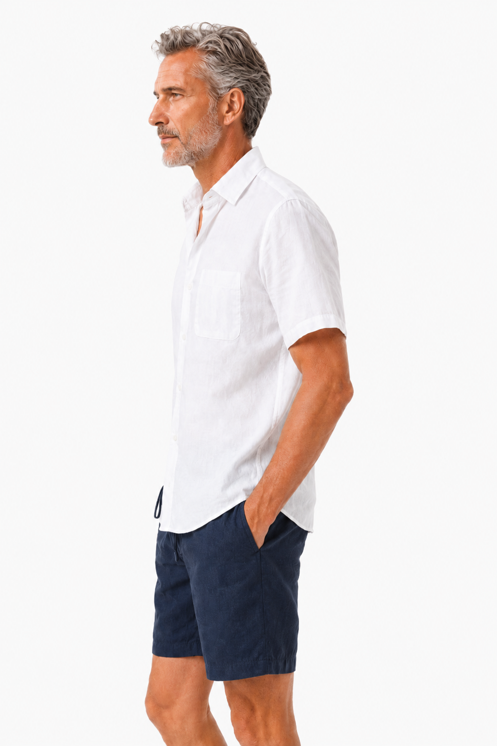 Männer Leinen-Set kurzärmlig - Sommer-Outfit Weiß-Navy