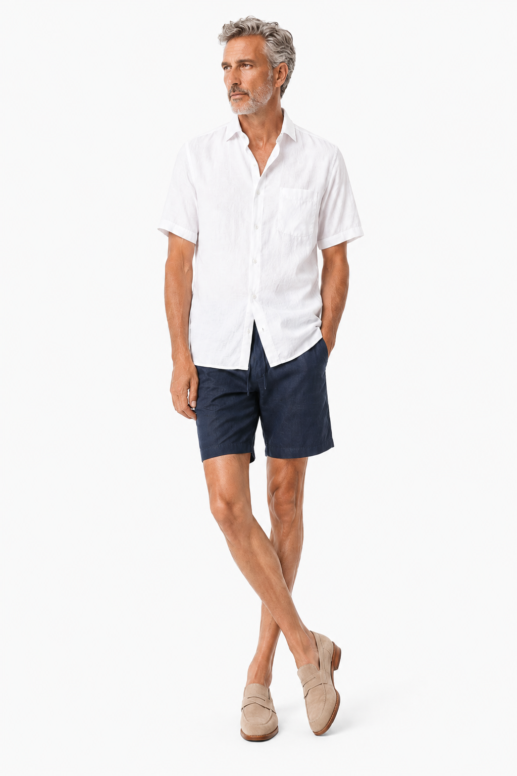 Männer Leinen-Set kurzärmlig - Sommer-Outfit Weiß-Navy