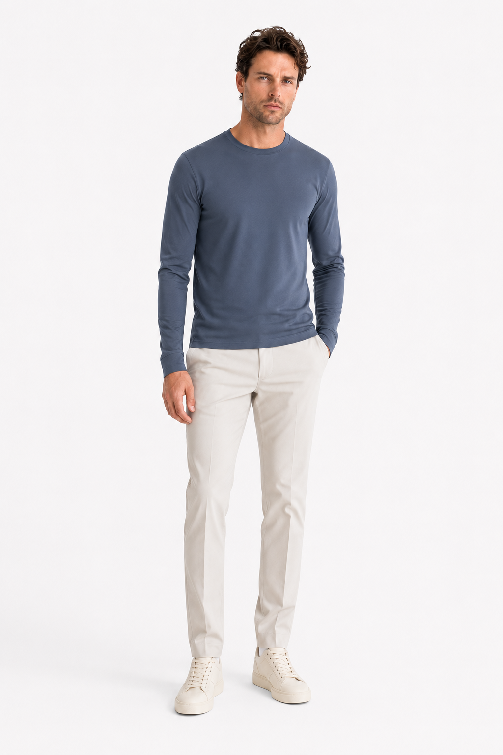 Longsleeve Herren Baumwolle Rundhals Steel Blue
