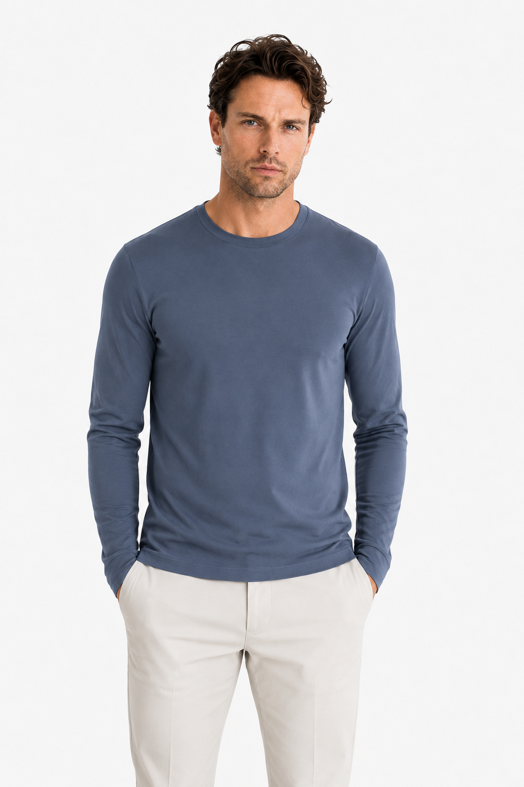Longsleeve Herren Baumwolle Rundhals Steel Blue