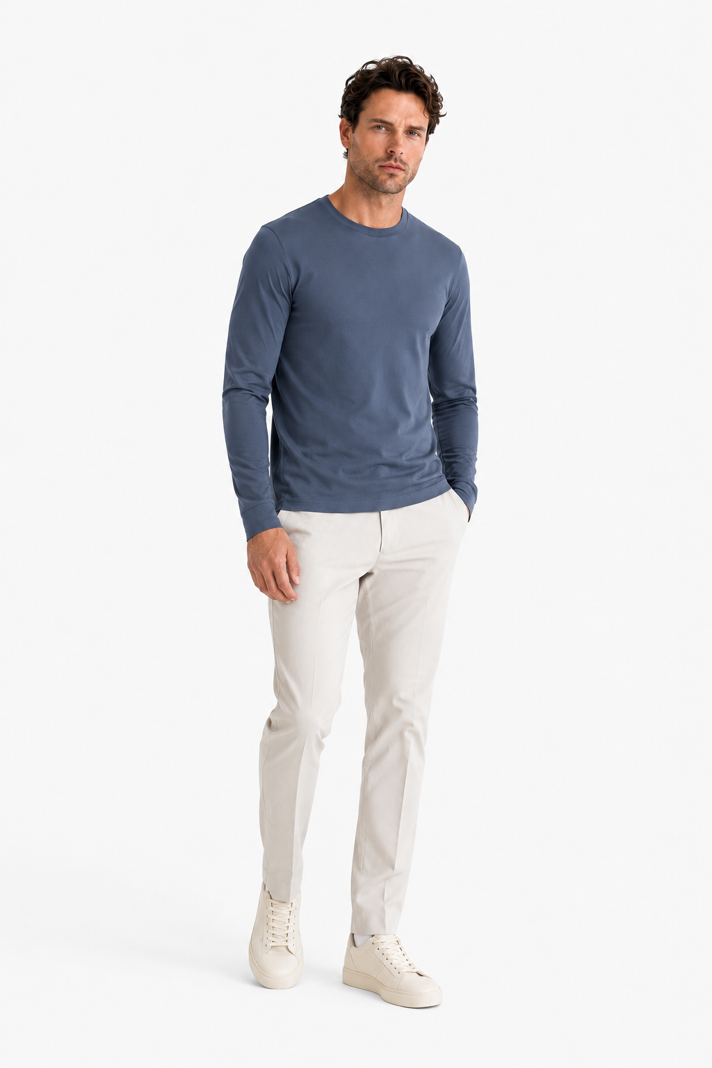 Longsleeve Herren Baumwolle Rundhals Steel Blue