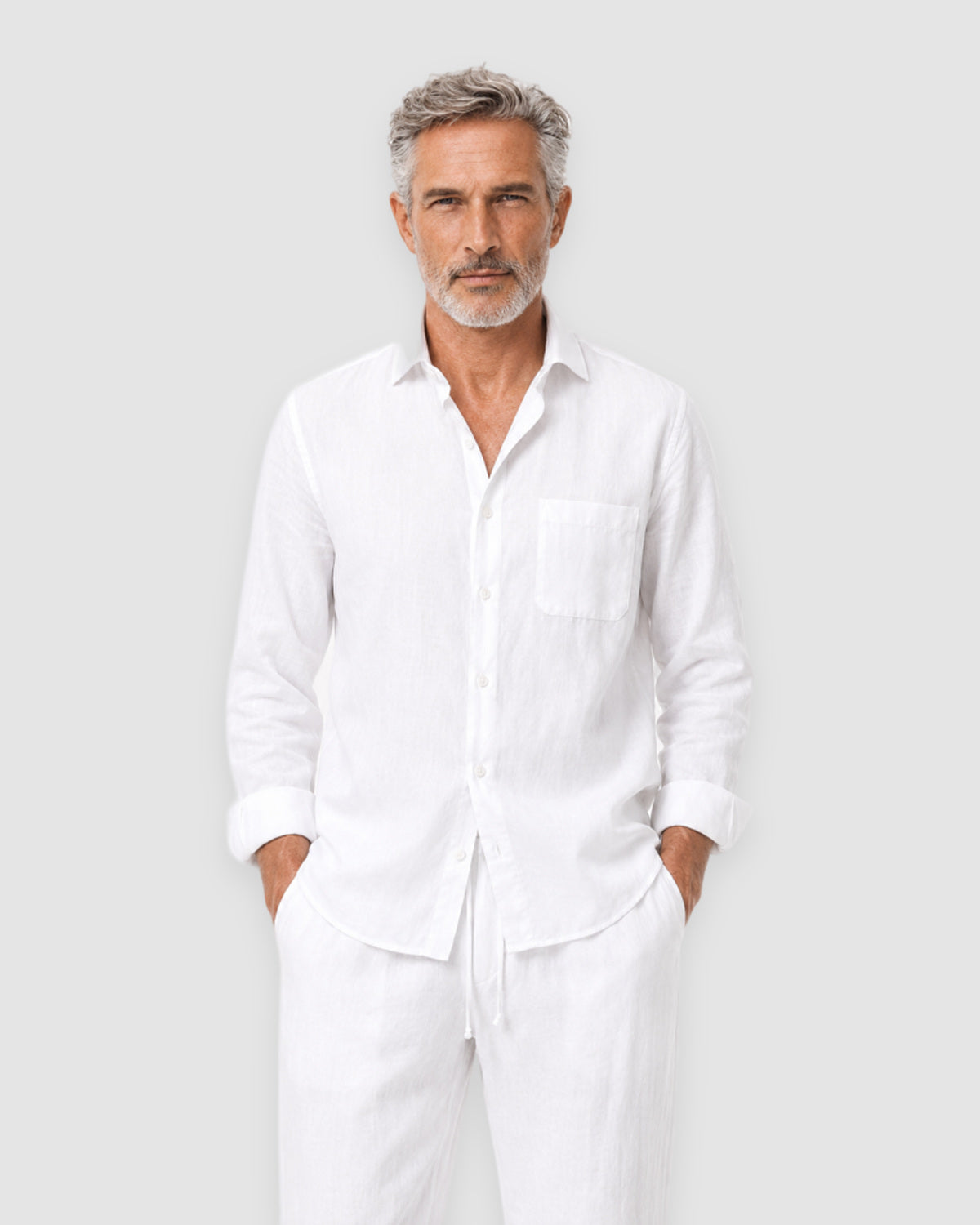 Herren Leinen-Set Langarm mit Hose – Weiß, Bild 3