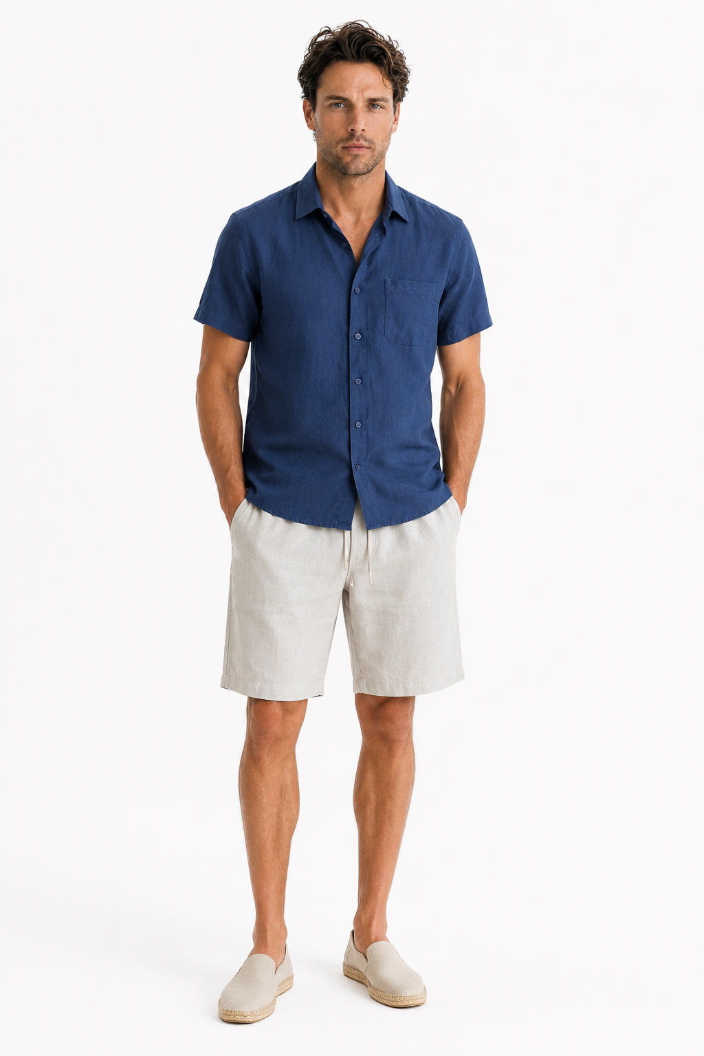 Männer Leinen-Set Kurzarm Marineblau/Beige - Leicht & Atmungsaktiv