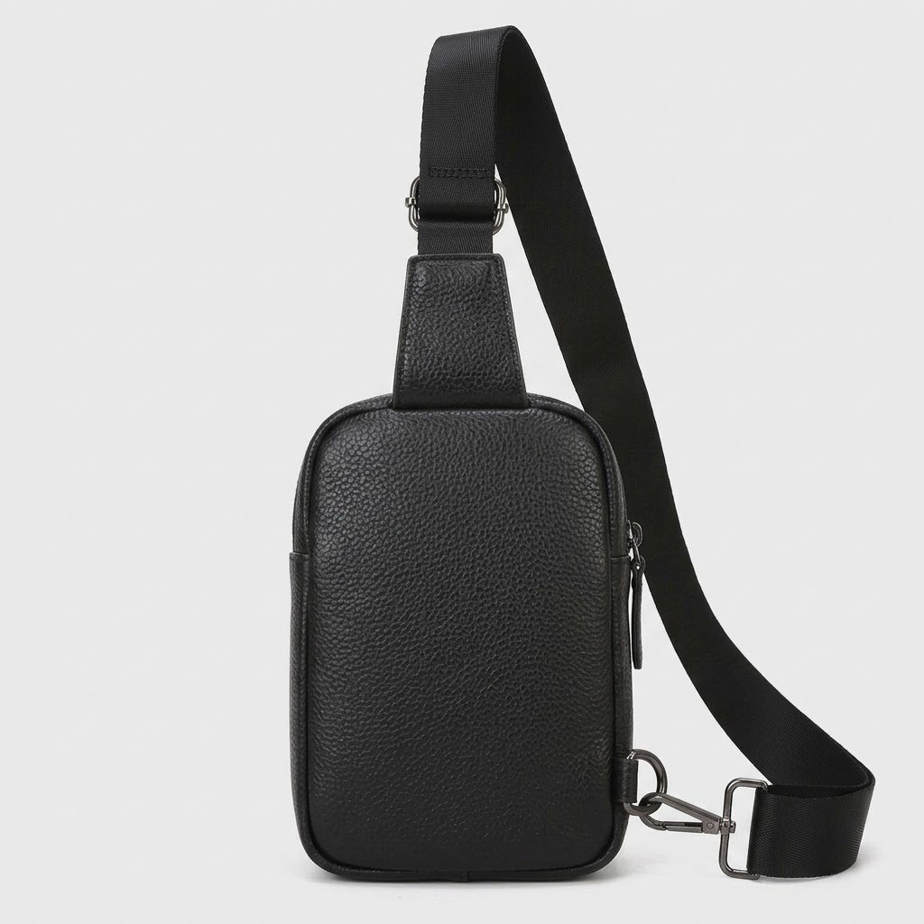 Schwarze Herren Sling Bag aus Echtleder mit Reißverschlussfächern