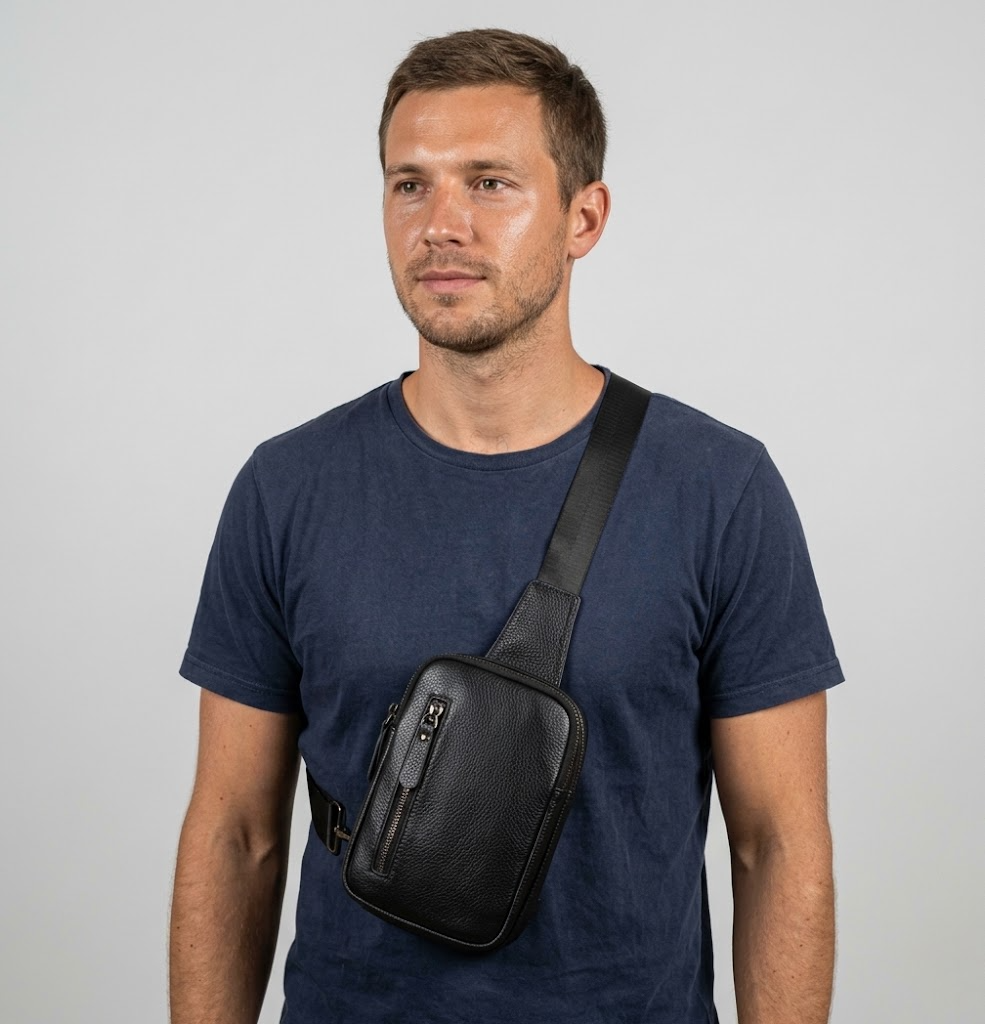 Schwarze Herren Sling Bag aus Echtleder mit Reißverschlussfächern