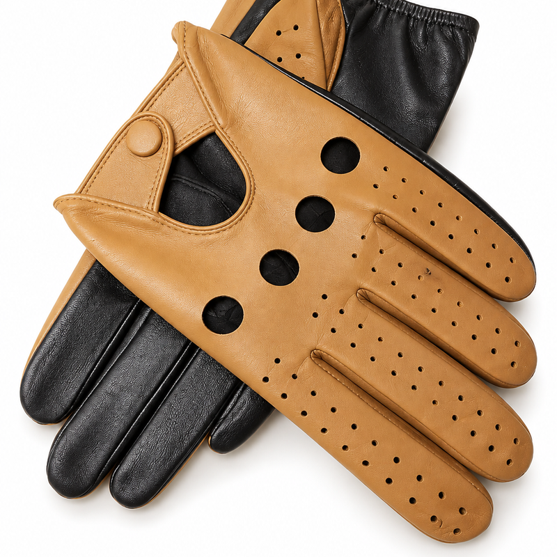 Tan-schwarze perforierte Vollfinger-Fahrerhandschuhe