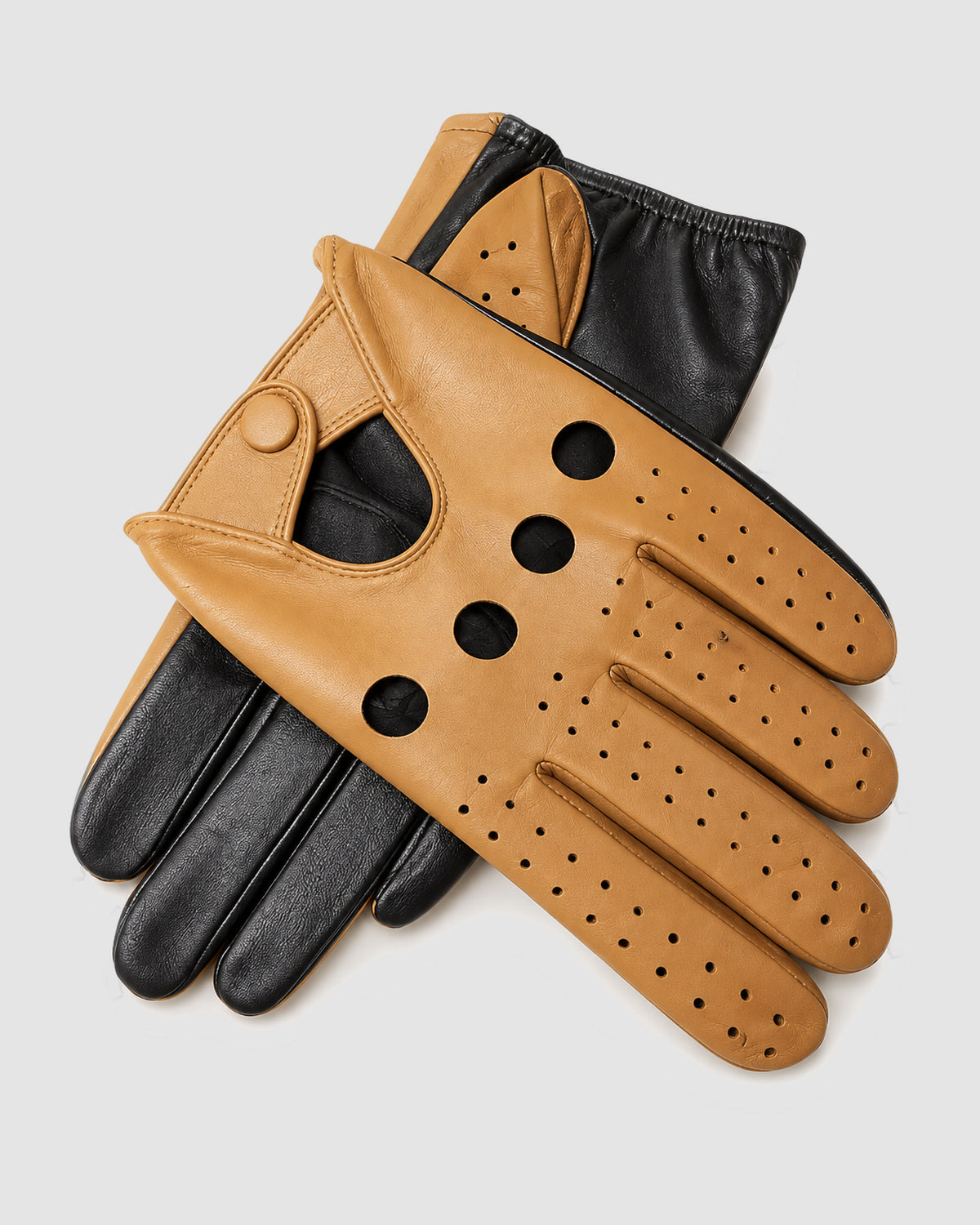 Herren Fahrerhandschuhe perforiert, Vollfinger – Tan/Schwarz