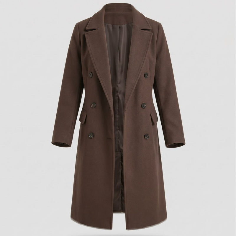 Women's Double-Breasted Long Coat with Lapel Collar