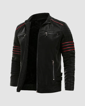 Herren Bikerjacke aus Kunstleder mit Kontraststreifen in Schwarz
