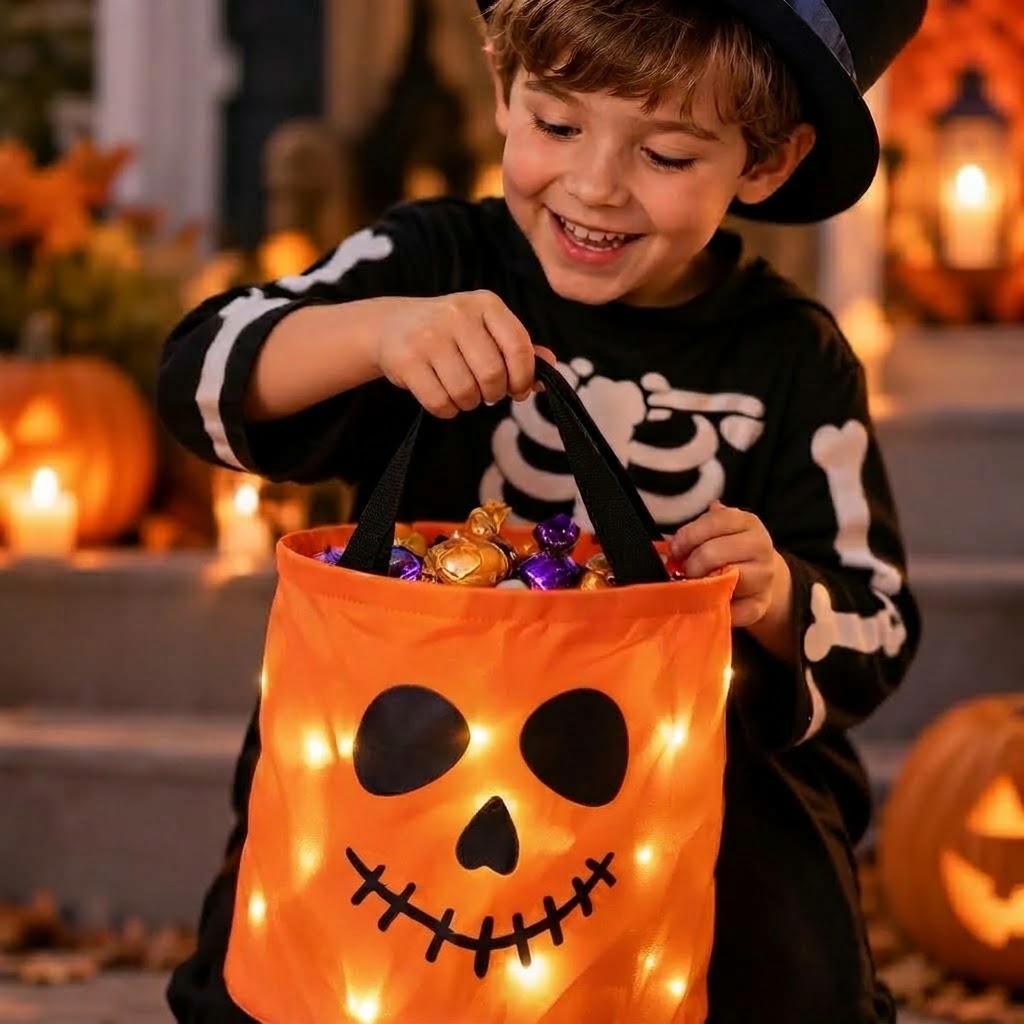 LED-Kürbis-Süßigkeitenkorb mit Griff für Halloween