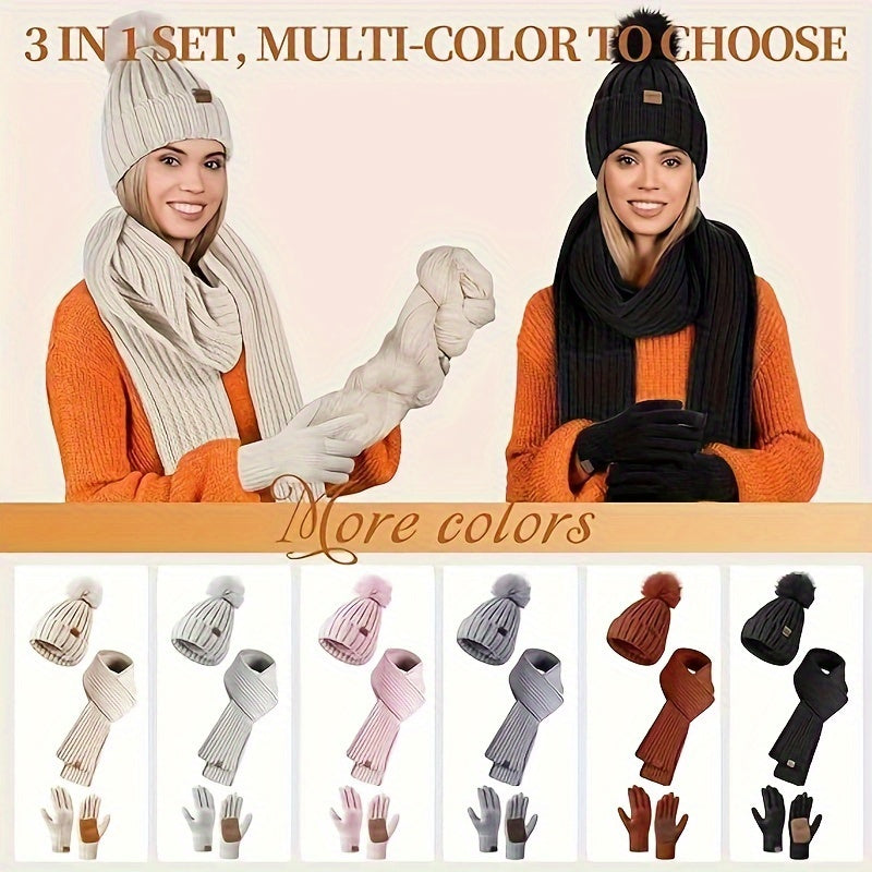 3-in-1 Winterset – Strickmütze, Schal und Touchscreen-Handschuhe