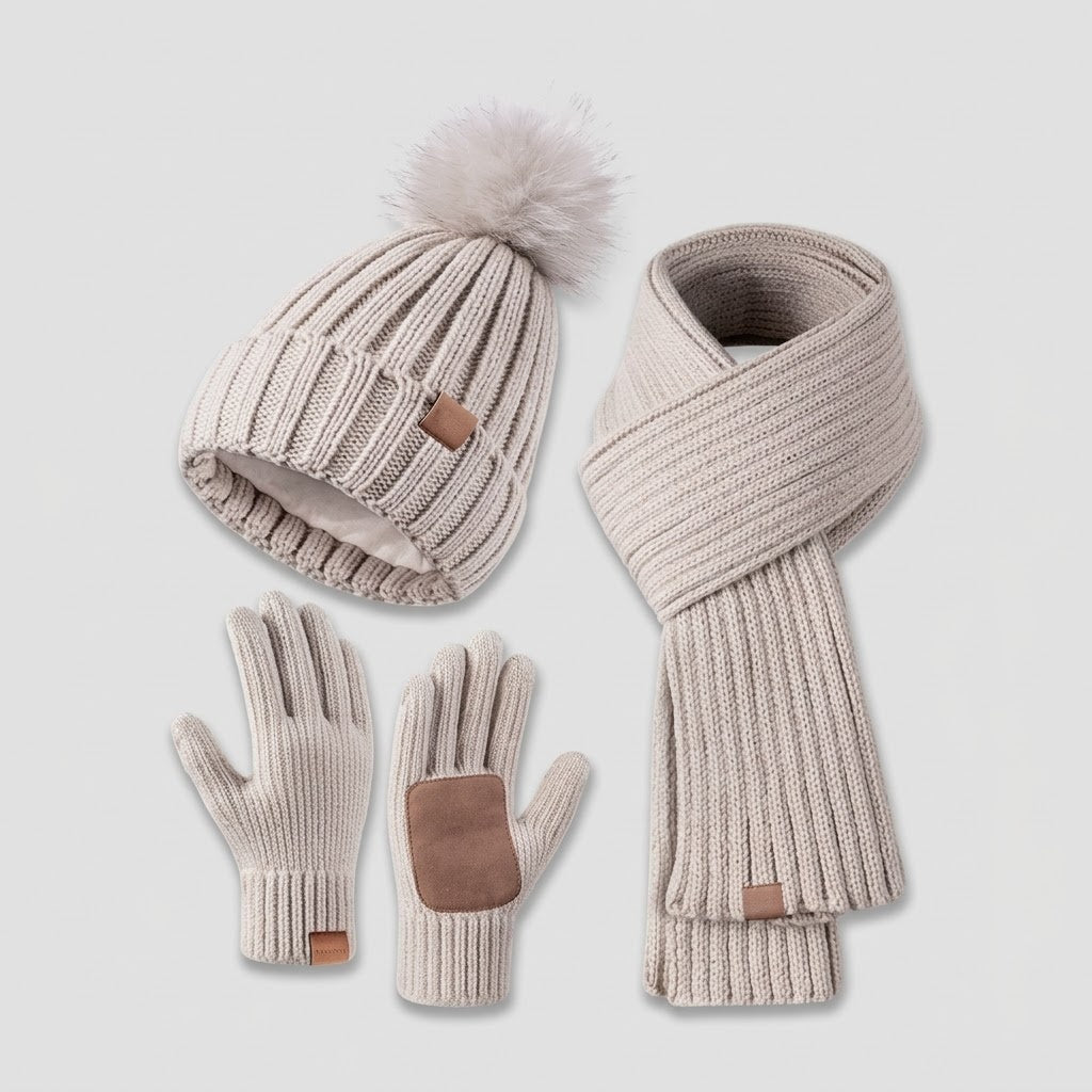 3-in-1 Winterset – Strickmütze, Schal und Touchscreen-Handschuhe