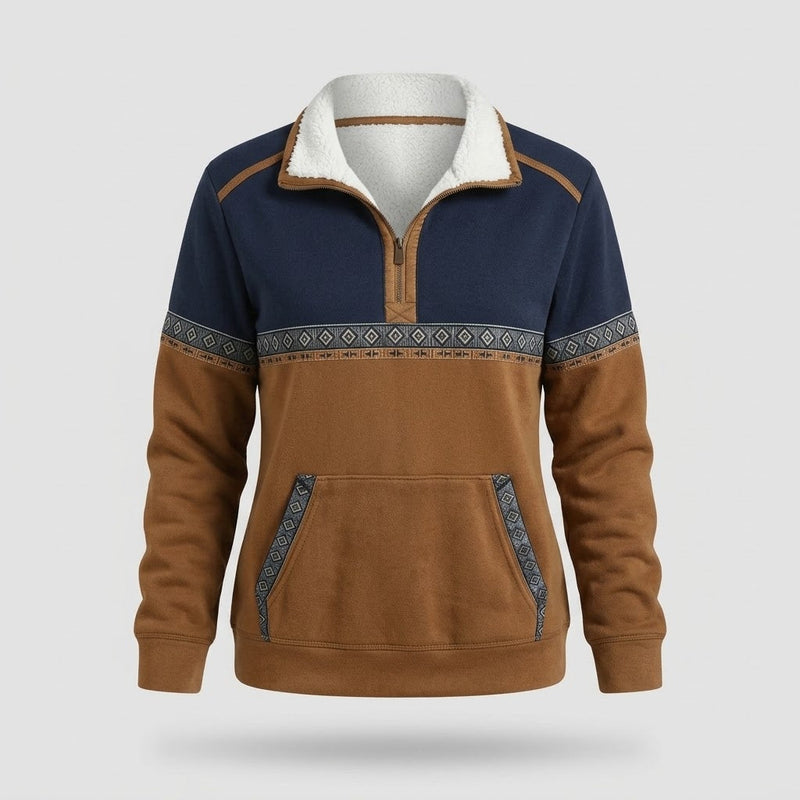 Damen Pullover - Halb-Reissverschluss mit Sherpa-Kragen, Cognac