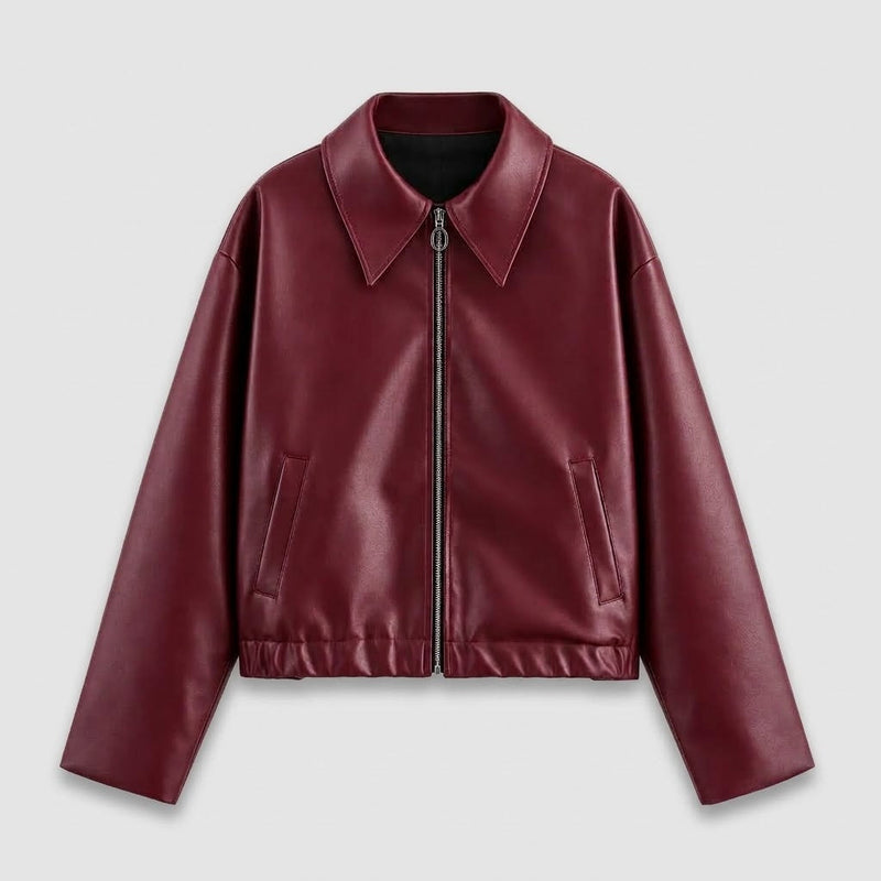 Damen Kurze Kunstlederjacke mit Reißverschluss und Kragen