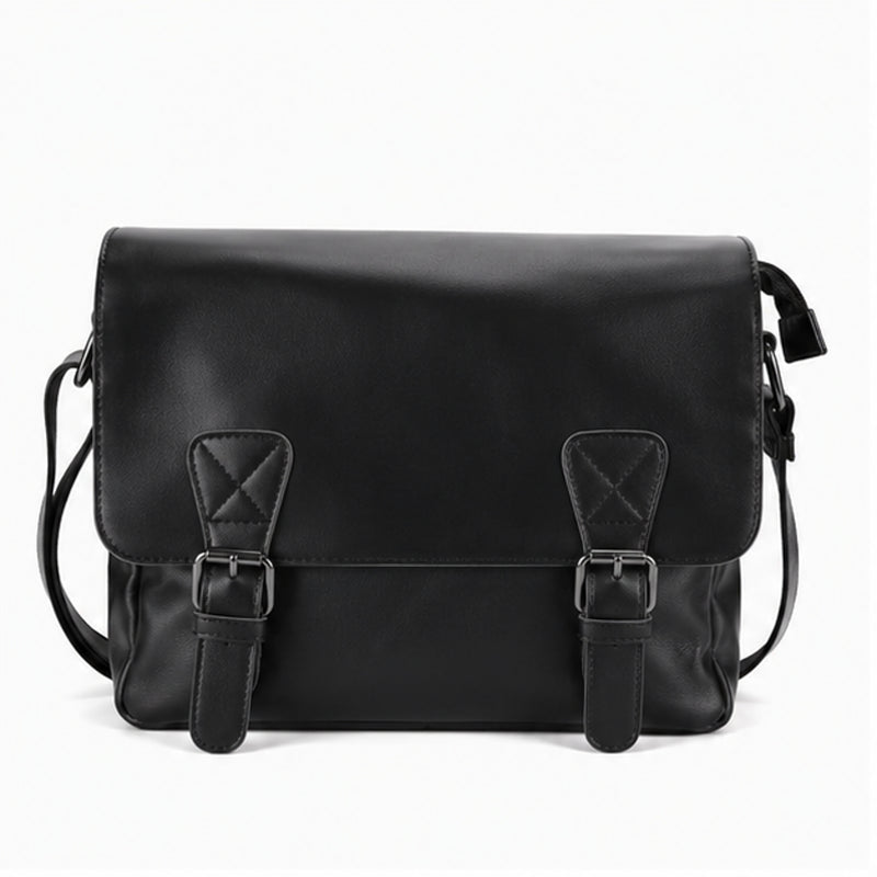 Schwarze Messenger-Tasche mit Überschlag und Schnallendetail