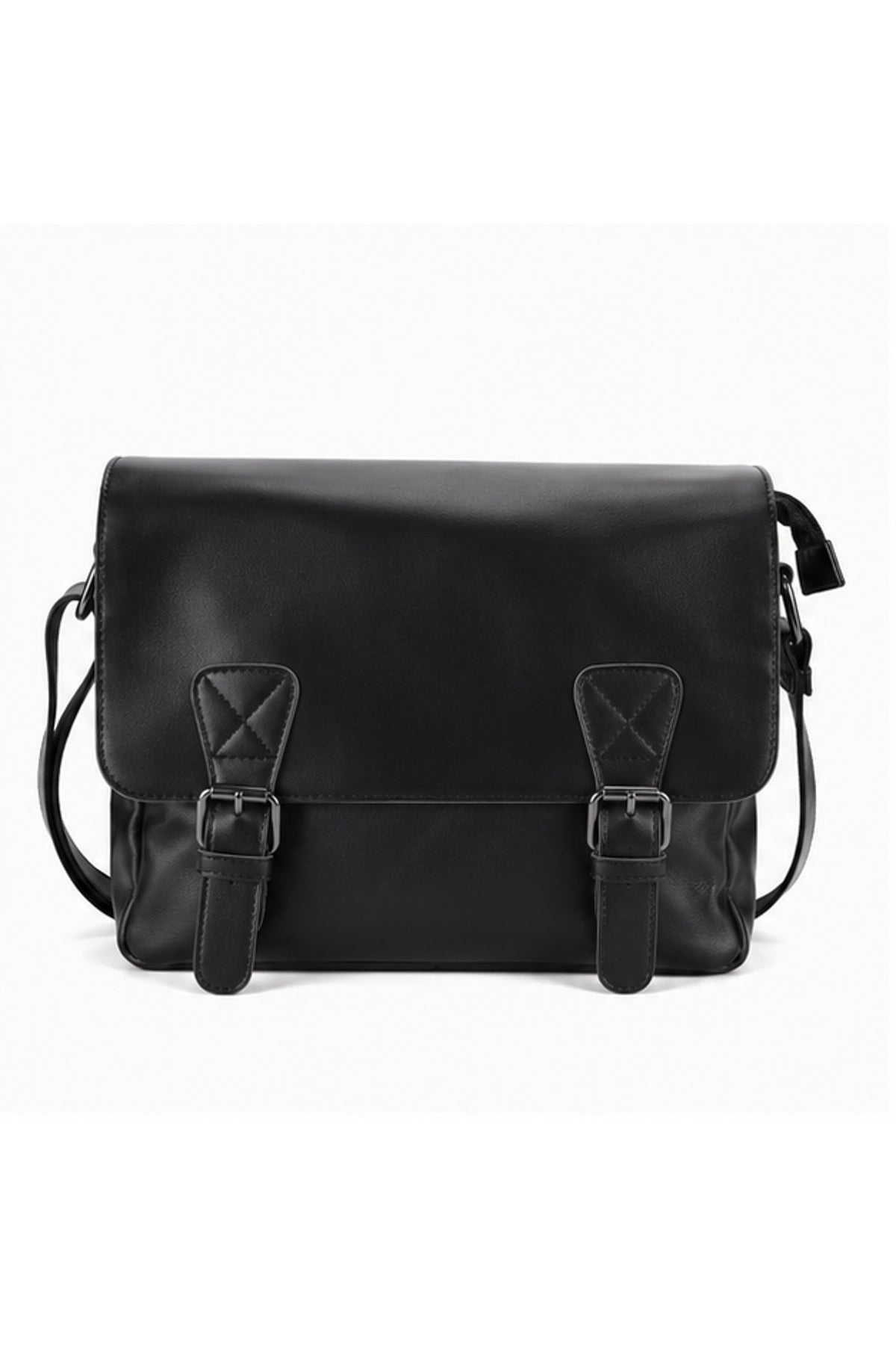 Schwarze Messenger-Tasche mit Überschlag und Schnallendetail