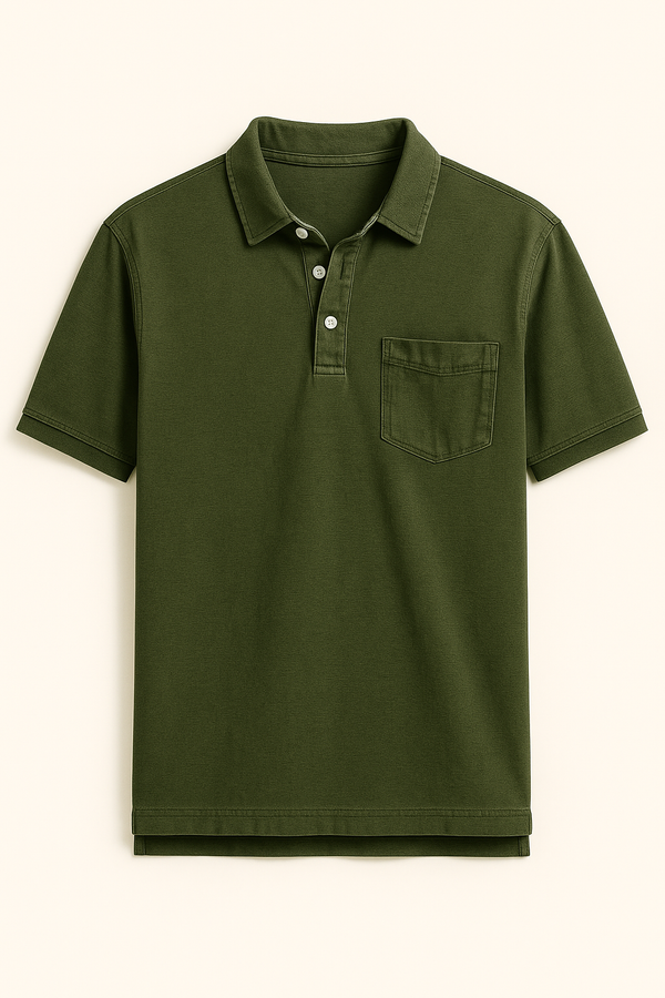 Herren-Polo aus Baumwolle – Tintenuni, mit Taschen und kurzen Ärmeln