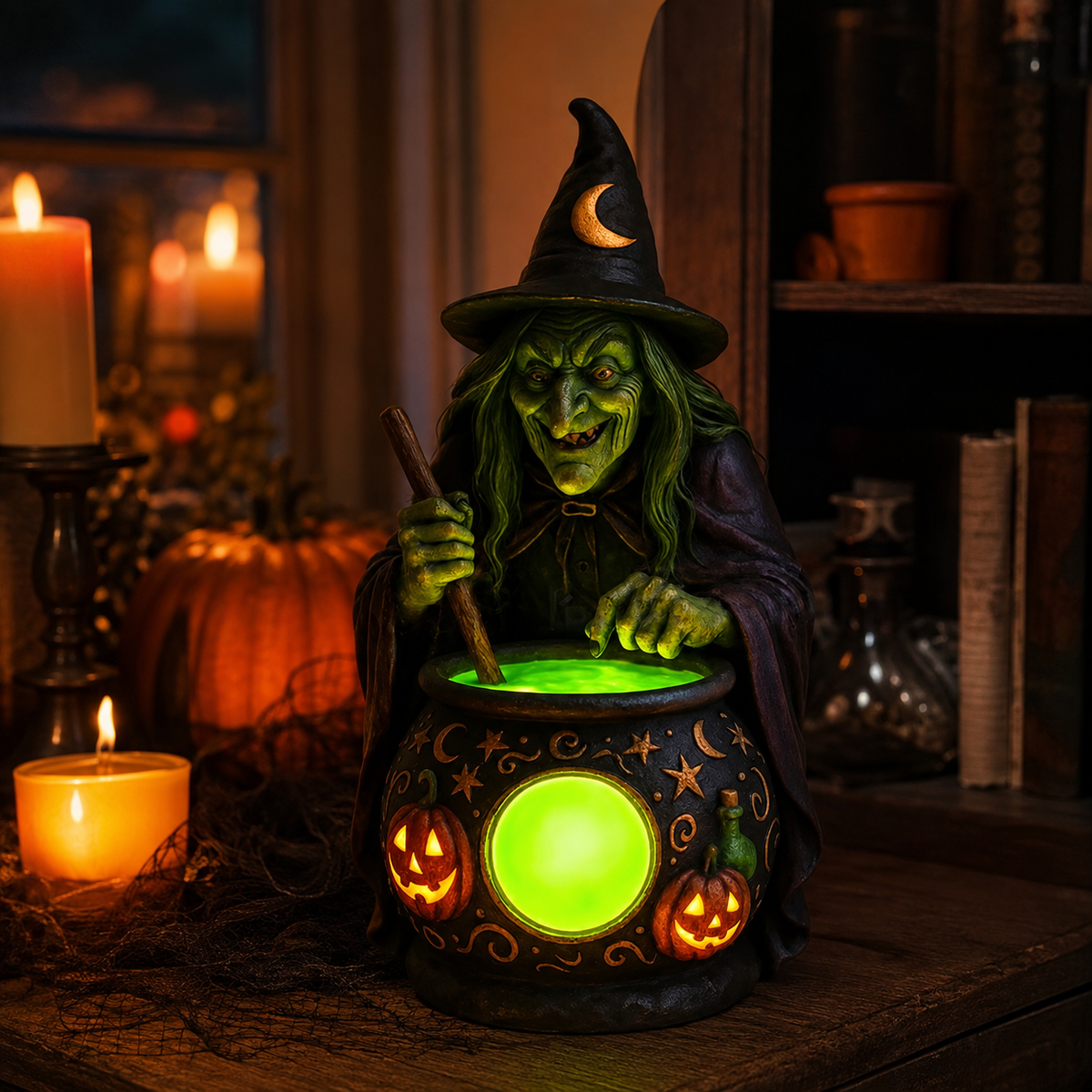 Hexenkessel-Harz-Tischlampe mit Neongrünem LED